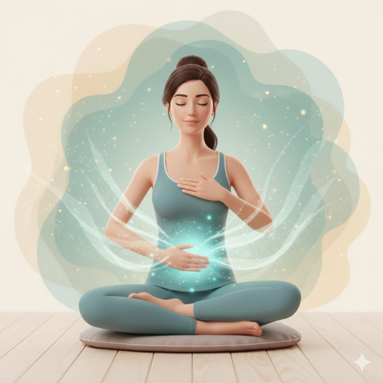 Person practicing deep belly breathing with hands on chest and stomach.